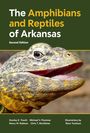 "The Amphibians and Reptiles of Arkansas, Second Edition" und ein Nahaufnahmenbild eines Reptils mit Schuppen und großem Auge.