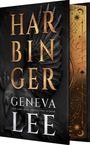 "HARBINGER", darunter "GENEVA LEE", gefolgt von "NEW YORK TIMES BESTSELLING AUTHOR". Ein Rabenvogel mit ausgebreiteten Flügeln.