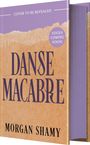 BUCH: Texte „COVER TO BE REVEALED“, „EDGES COMING SOON!“, „DANSE MACABRE“, „MORGAN SHAMY“. Beige-violettes Design.