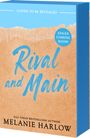 Text: "Cover to be revealed, Edges coming soon, Rival and Main, Melanie Harlow". Blaues Design mit sandfarbenem Hintergrund.