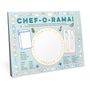 Text: "CHEF-O-RAMA! Starters, Salads, Soups, Main Courses, Deserts." Verspielte Illustrationen von Lebensmitteln und Utensilien.
