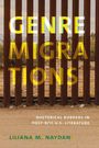 Text: "GENRE MIGRATIONS: Rhetorical Borders in Post-9/11 U.S. Literature. Liliana M. Naydan." 
Hintergrund: Rostfarbener Metallzaun.