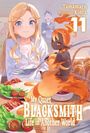 Titel: "My Quiet Blacksmith Life in Another World 11". Zwei Figuren, eine Frau mit langen blonden Haaren und eine orange-schwarze Figur.