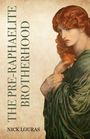 "THE PRE-RAPHAELITE BROTHERHOOD" vertikaler Text, "NICK LOURAS". Ein Gemälde zeigt eine Frau mit rotem Haar, die einen Granatapfel hält.