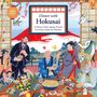 Text: "Dinner with Hokusai." Illustration: Menschen in traditionellen japanischen Gewändern bei einem Essen, bunte Blumen und Tieren.