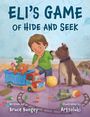 "Eli's Game of Hide and Seek" in großen Buchstaben, ein Kind mit Hund spielt, Spielzeug liegt auf dem Boden.