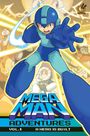„Mega Man Adventures Vol. 1 A Hero Is Built.“ Illustration eines blauen Roboters mit ausgestreckter Hand, von Gegnern umgeben.