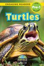 Text: "ENGAGING READERS", "Pre-1 LEVEL BEGINNER", "Turtles", "ANIMALS That Make a Difference!", "Ashley Lee". 

Schildkröte mit offenem Mund im Vordergrund.