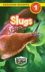 "Slugs" in orange-weißem Text, große Nacktschnecke auf grünem Blatt, Buchcover mit Logo "Backyard Bugs".