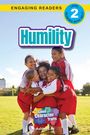 "Humility", "Engaging Readers Level 2", "Good Character Traits", "Ashley Lee". Fünf lachende Kinder umarmen sich.