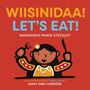 "WIISINIDAA! LET'S EAT!", gelbe Schrift auf rotem Hintergrund. Illustration: Kind mit Gabel und Messer, lächelt.