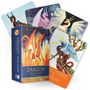 "DRAGON ORACLE CARDS" und "LAND AIR DRAGON". Illustration von Drachen in bunten Farben auf Karten und Schachtel.