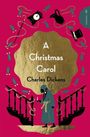 „A Christmas Carol“, Charles Dickens. Illustration mit Treppe, Ketten, Hut und Uhr. Person mit Kerze und Gehstock.