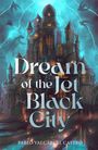 "Dream of the Jet Black City" von Pablo Valcárcel Castro. Illustration eines dunklen Schlosses mit Blitz und fliegenden Kreaturen.