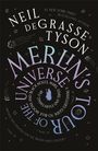 "Neil deGrasse Tyson, Merlin's Tour of the Universe. Illustration von Planeten und Sternen auf schwarzem Hintergrund."