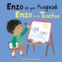 "Enzo se yon Pwofesè. Enzo is a Teacher". Illustration: Kind malt Pinnwand an. Fische am Whiteboard. Kind mit Tasche.