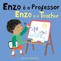 Kinderbuchillustration: Ein Kind zeichnet Fische auf einer Tafel. Text: "Enzo é o Professor, Enzo is a Teacher."