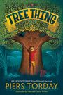 Titel "TREE THING". Ein fröhliches Kind und ein Baumgesicht. Ein Vogel sitzt auf einem Ast, Pflanzen umgeben die Szene.