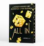 Text: "The Inheritance Games", "Jennifer Lynn Barnes", "ALL IN", "A Naturals Novel". Goldene Würfel und Puzzleteile.