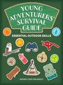 Text: "Young Adventurers' Survival Guide: Essential Outdoor Skills." Illustration von Outdoor-Symbolen wie Kompass, Fernglas.