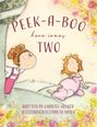 „PEEK-A-BOO here comes TWO“. Zwei Kinderillustrationen, eines versteckt, das andere schwanger. Bunte Blumen umrahmen die Szene.