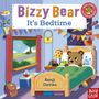 „Bizzy Bear It's Bedtime“, „With sliders to push and pull!“, „Benji Davies“. Ein Bär im Bett, umgeben von Spielzeug.