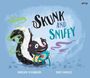 "Skunk and Sniffy" in bunten Buchstaben, darunter ein glücklicher, cartoonartiger Stinktier mit einem Kuscheltier.