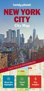 Text: "lonely planet NEW YORK CITY City Map EASY-FOLD & WATERPROOF Must-See Highlights Travel Tips City Insights."  
Hintergrund: Stadtansicht mit Hochhäusern und Straßen.