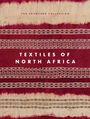 "TEXTILES OF NORTH AFRICA" steht in Weiß auf rotem Hintergrund mit dekorativen, gewebten Mustern in Streifen.