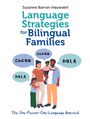Buchtitel: "Language Strategies for Bilingual Families". Illustration einer Familie mit Sprechblasen: "こんにちは" und "HOLA".