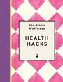 Text: "One-Minute Wellness HEALTH HACKS". Hintergrund: Rosa Rauten auf cremefarbenem Grund, lila Streifen links.
