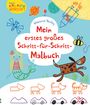 Logo "Usborne Verlag". Titel: "Mein erstes großes Schritt-für-Schritt-Malbuch". Illustrationen: Meerjungfrau, Hund, Rakete.