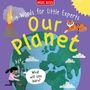 "Big Words for Little Experts" und "Our Planet". Eine Illustration mit Vulkan, Tiger, Erde und Kind pflanzt Baum.