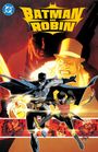 "BATMAN AND ROBIN" in großen gelben Buchstaben. Illustration zeigt Batman und Robin in Kampfpose mit Schurkendarstellungen.
