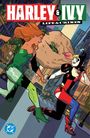 "Harley & Ivy: Life & Crimes." Zwei Frauen rennen durch eine Stadt, halten Hände, tragen bunte Kostüme und schleppen Geldsäcke.
