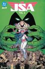 Comic-Cover mit "JSA VOL. 4" Text. Ein grünhäutiges Wesen mit leuchtenden Augen hält eine Frau über einer Heldenmenge.