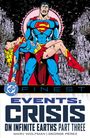 "EVENTS: CRISIS ON INFINITE EARTHS PART THREE" Superman hält trauernd Supergirl. Hintergrund mit vielen Figuren.