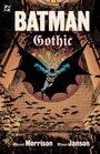"BATMAN Gothic" steht oben. Batman fliegt durch ein Rundfenster einer Kathedrale, umgeben von Fledermäusen. Retro-Stil.