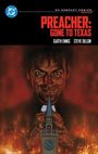 "PREACHER: GONE TO TEXAS" mit düsterem Gesicht, lächelnd, über Kirchenturm mit Kreuz, Flammen im Hintergrund.
