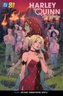 "Harley Quinn in Paradise", Logo oben links, Comic-Stil, Harley in rot-schwarzem Kleid mit Rose, Personen im Hintergrund.