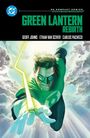 "Green Lantern Rebirth" steht in großen grünen Buchstaben. Ein Held in grünem Anzug fliegt energisch durch Wolken.