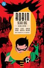 "ROBIN YEAR ONE DELUXE EDITION" in der Mitte. Illustration von Robin in grün-roter Kleidung, Batman-Silhouette oben.