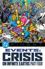 In bunter Comic-Illustration kämpfen Helden fliegend gegen Riesenfigur mit leuchtenden Augen. Texte: "CRISIS ON INFINITE EARTHS Part Four".