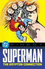 „FINEST SUPERMAN THE KRYPTON CONNECTION.“ Illustration zeigt Held mit Faustkampf, im Hintergrund eine große Hand über Stadt.