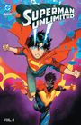 „Superman Unlimited Vol. 3“; Illustration: Zwei Gestalten fliegen, eine mit leuchtenden Augen und rotem Cape.