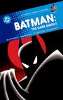 Blauer Titel: "BATMAN: THE DARK KNIGHT". Illustration: Batman mit roten Hintergrund, stilisierte Darstellung.