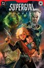 „Supergirl: Survive“ oben. Illustration mit Figuren, Frau mit Waffe und Baby im Vordergrund, Stadt im Hintergrund.