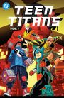 "TEEN TITANS VOL.1" in weißer Schrift. Illustration von dynamisch posierenden, farbenfrohen Figuren vor gelbem Hintergrund.