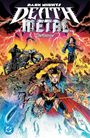 "Dark Nights: Death Metal Compendium." Illustration mit heldenhaften Figuren vor stürmischem, apokalyptischem Hintergrund.