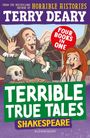 "Terrible True Tales: Shakespeare" von Terry Deary, Illustration von Shakespeare und einem Mädchen in einem Theater.